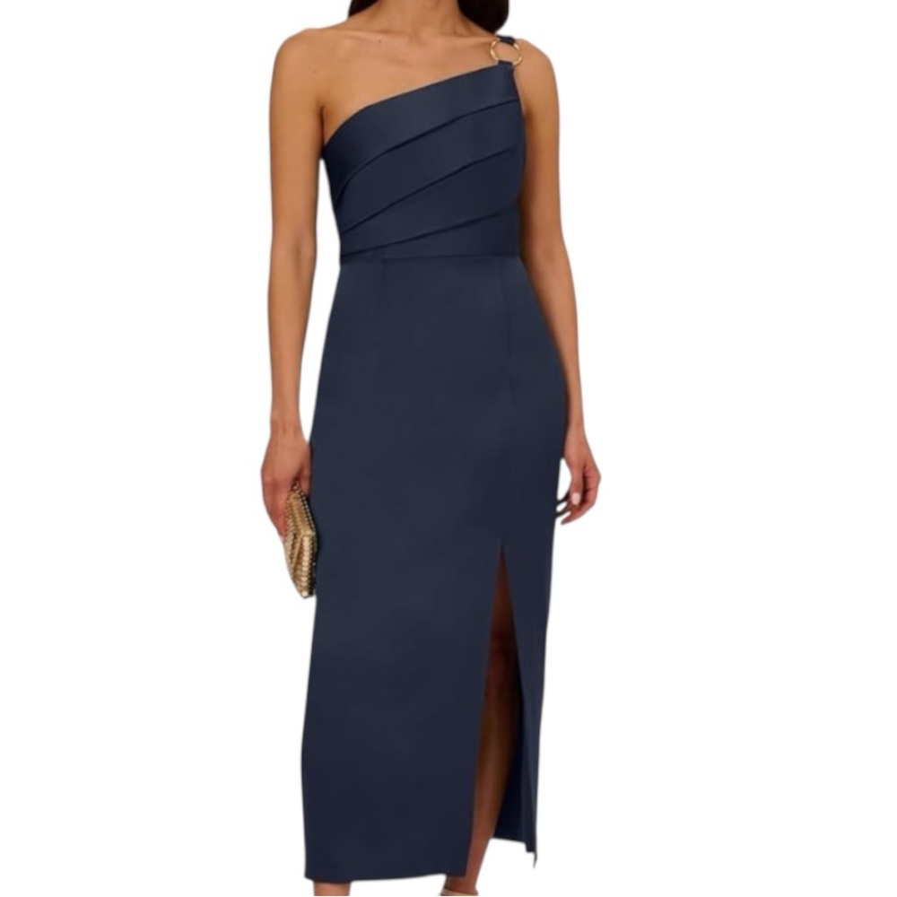 NWT ADRIANNA PAPELL Dark Navy One Shoulder Pleated Bodice Lined Dress Size 14